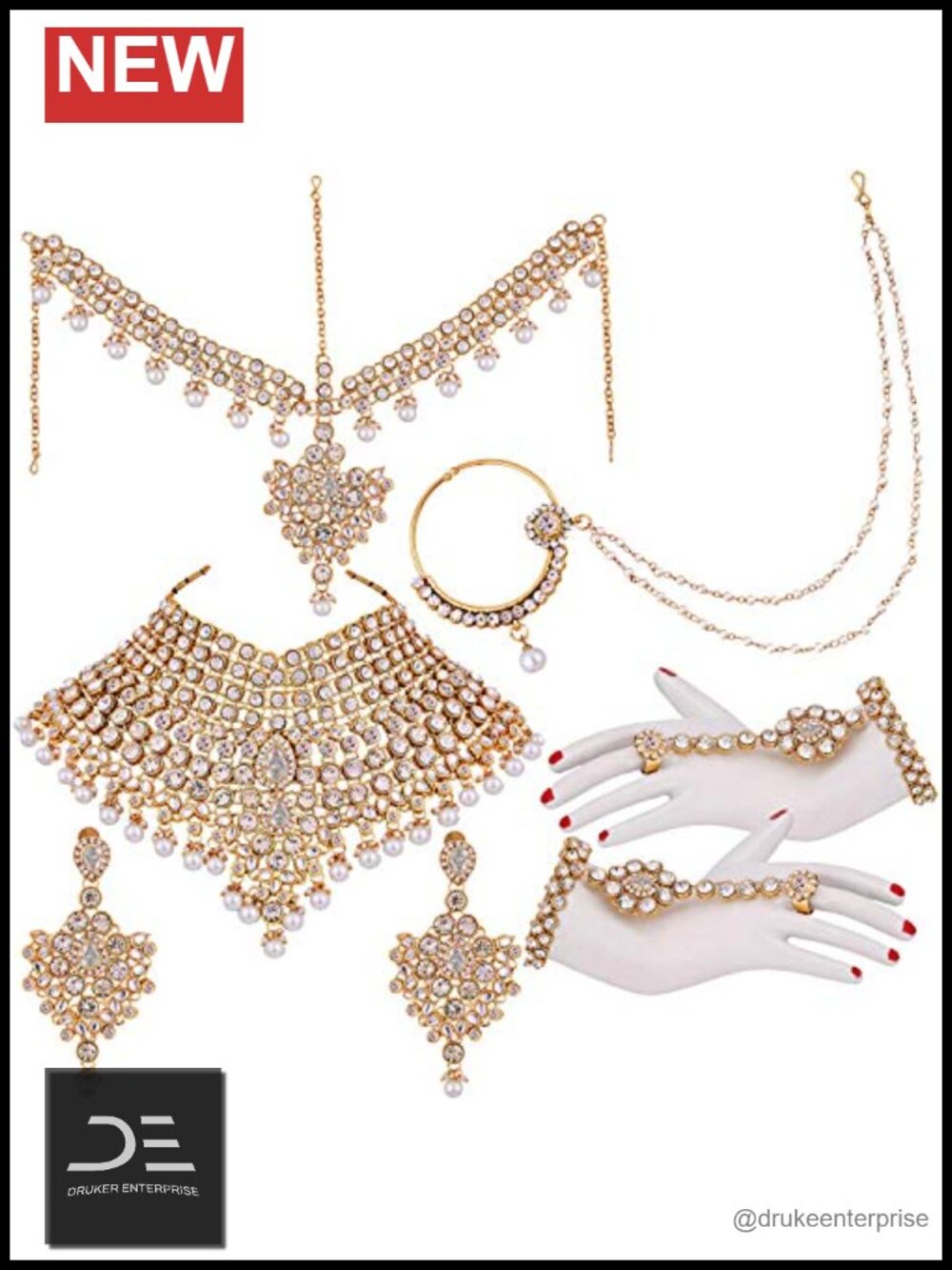 Bollywood Indian Bridal Jewelry Set Choker Matha Patti Nose Ring Haath Phool